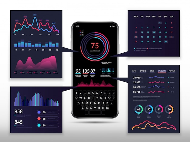 Plansza Aplikacji Na Smartfony Z Telefonem 3d, Wykresami Marketingowymi I Diagramami