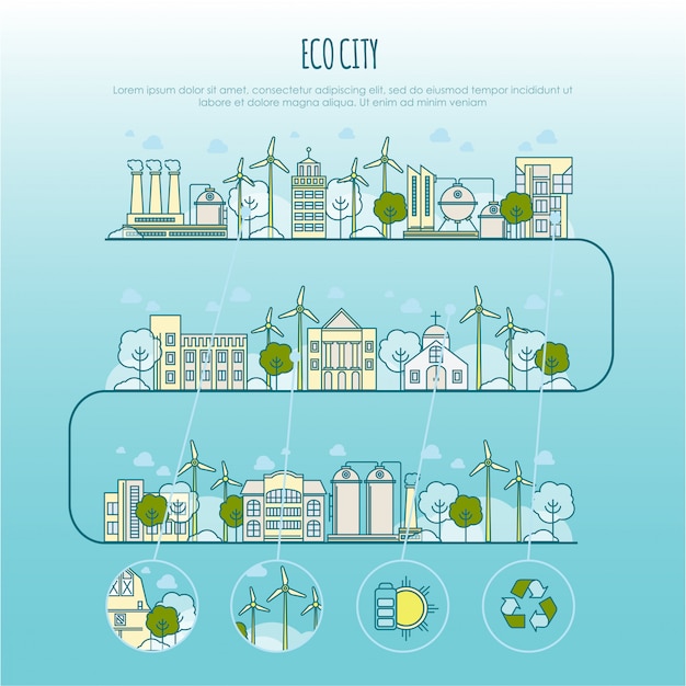 Plansza Miasta Ekologia. Szablon Z Ikonami Cienkich Linii Technologii Farmy Ekologicznej, Zrównoważenia Lokalnego środowiska, Oszczędzania Ekologii Miasta