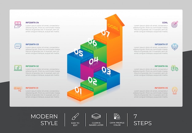 Plik wektorowy plansza schodowa 3d z 7 krokami i kolorowym stylem do celów prezentacji. infografika opcji schodów