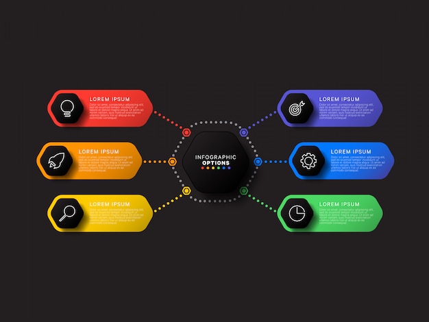 Plansza Szablon Z Sześcioma Sześciokątnymi Elementami Na Czarnym Tle. Nowoczesna Wizualizacja Procesów Biznesowych Z Cienkimi Ikonami Marketingowymi.