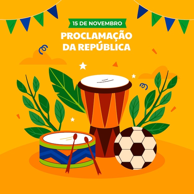 Plik wektorowy płaska ilustracja brazylijskiego proklamowania republiki z bębnami i piłką nożną