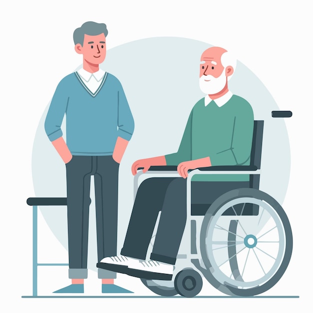 Plik wektorowy płaska ilustracja człowieka pomagającego starszej osobie usiąść na wózku inwalidzkim