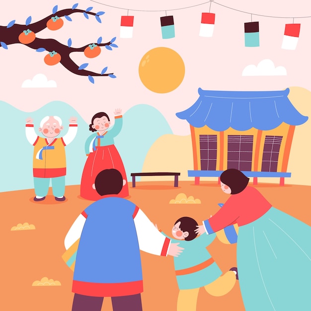 Płaska Ilustracja Do Obchodów Koreańskiego Festiwalu Chuseok