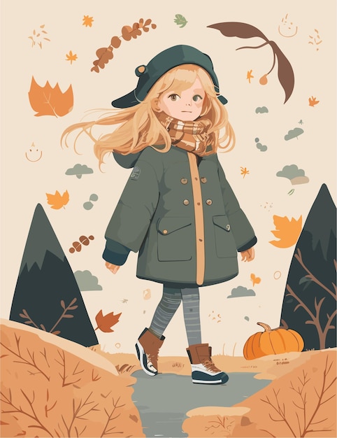 Płaska Ilustracja Dziecka Z Jesienią I Krajobrazem Na Tle