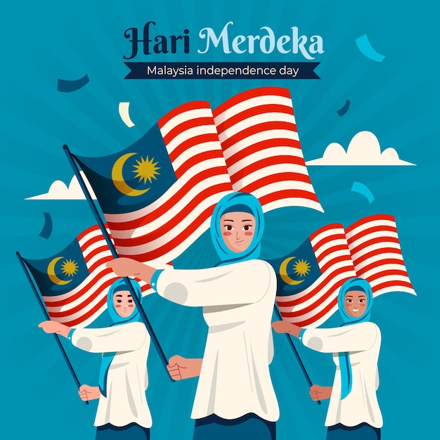 Plik wektorowy płaska ilustracja dzień niepodległości malezji z ludźmi posiadającymi flagi