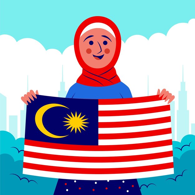 Płaska ilustracja dzień niepodległości Malezji z osobą trzymającą flagę