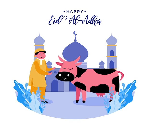 Plik wektorowy płaska ilustracja eid al-adha mubarak z muzułmańskim chłopcem i krową