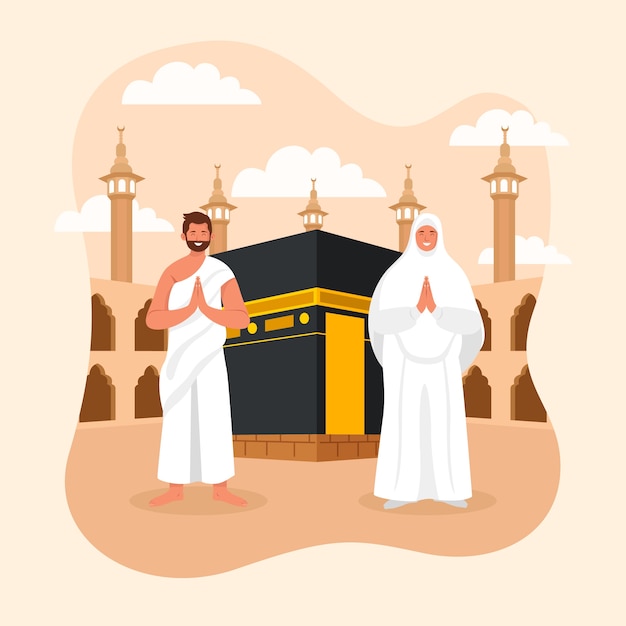 Plik wektorowy płaska ilustracja hadżdż z ludźmi modlącymi się w mekce