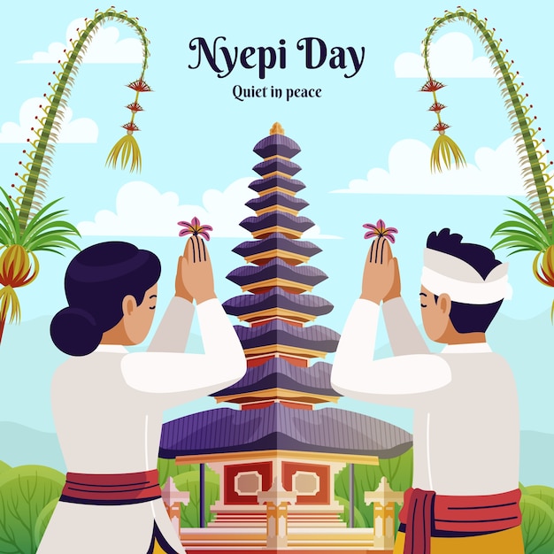 Płaska ilustracja indonezyjskiej uroczystości nyepi.