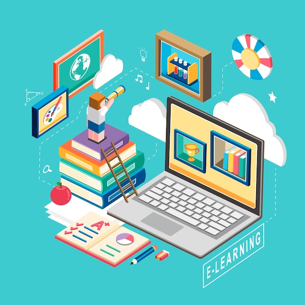 Płaska ilustracja koncepcja e-learningu izometrycznego 3d