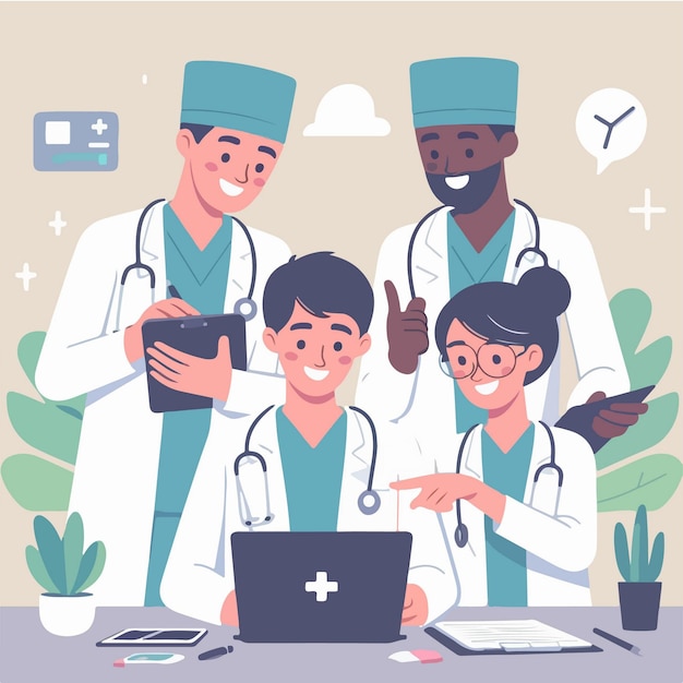 Płaska Ilustracja Koncepcji Lekarza I Pielęgniarki Pracujących Razem Z Laptopem