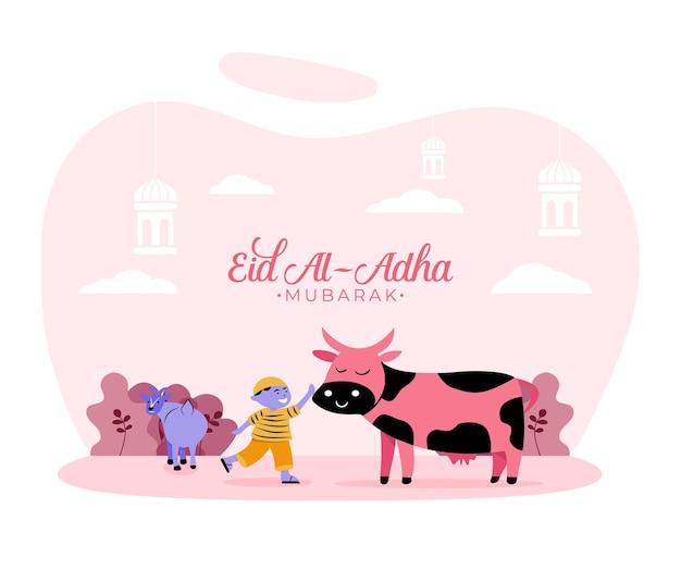 Plik wektorowy płaska ilustracja muzułmańskiego chłopca z poświęconą zwierzęcą krową i kozą dla eid al adha pozdrowienie koncepcja islamskie wakacje