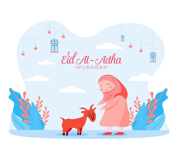 Płaska Ilustracja Muzułmańskiej Dziewczyny Z Ofiarą Kozy Zwierzęcej Na Eid Al Adha Pozdrowienie Koncepcja Islamskie Wakacje