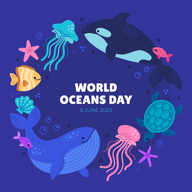 Płaska ilustracja na obchody światowego dnia oceanów z życiem oceanicznym