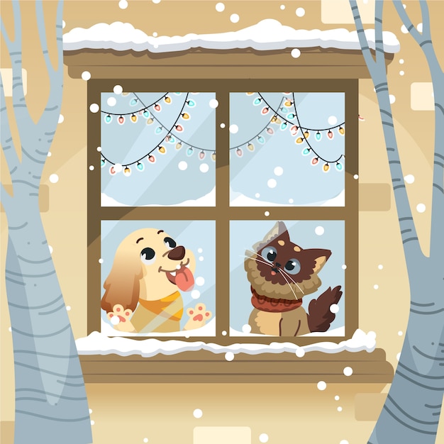 Płaska Ilustracja Okna Zimowego