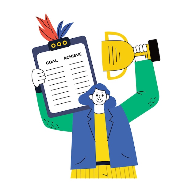 Płaska ilustracja osiągającego cel trzymającego listę kontrolną i trofeum
