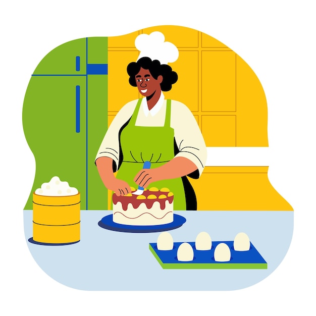 Płaska ilustracja piekarki robiącej ciasto