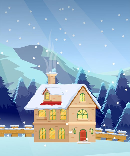 Plik wektorowy płaska ilustracja portretu krajobrazu z pięknym pokrytym śniegiem domem na wzgórzach