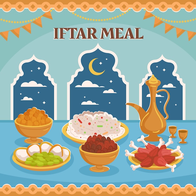 Płaska ilustracja posiłku iftar na obchody ramadanu