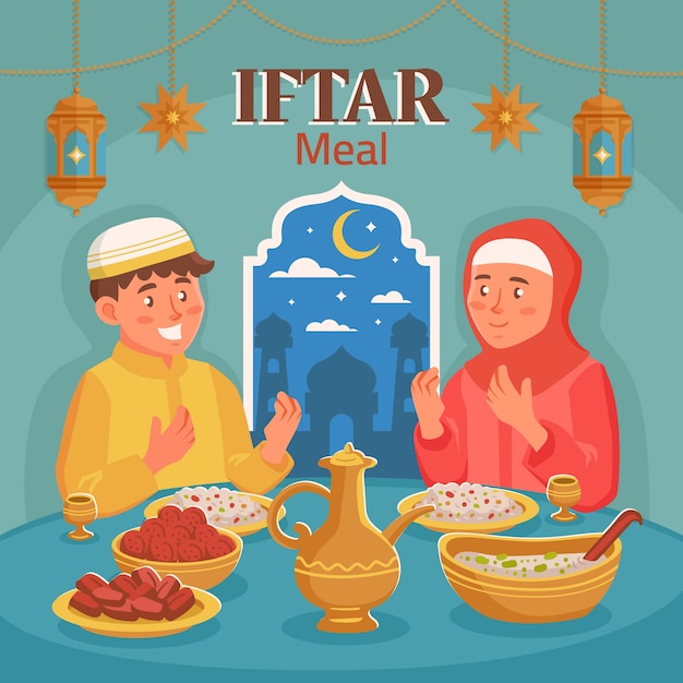 Płaska Ilustracja Posiłku Iftar Na Obchody Ramadanu