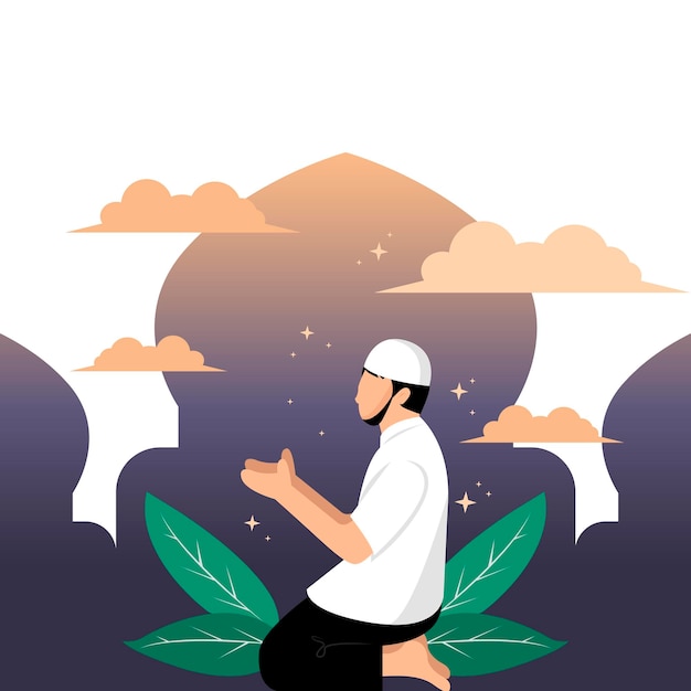 Płaska ilustracja Ramadan Muzułmański mężczyzna modlący się