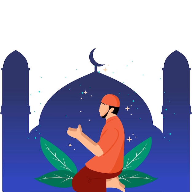Płaska Ilustracja Ramadan Muzułmański Mężczyzna Modlący Się