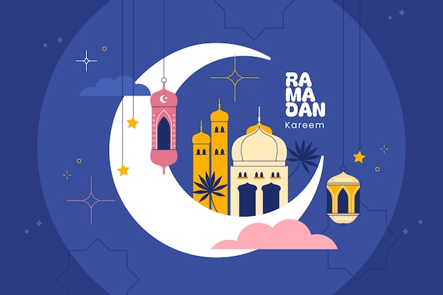 Płaska ilustracja ramadanu z arabskim meczetem