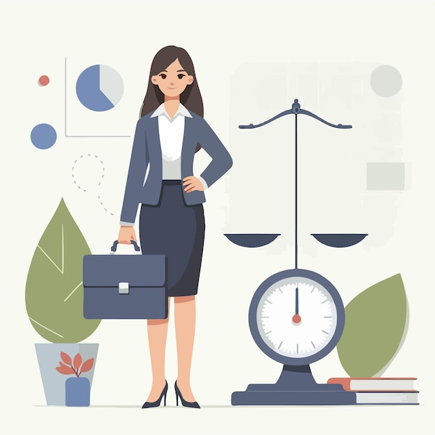 Plik wektorowy płaska ilustracja równowagi życia i kariery kobieta biznesowa z wykresem i skalą