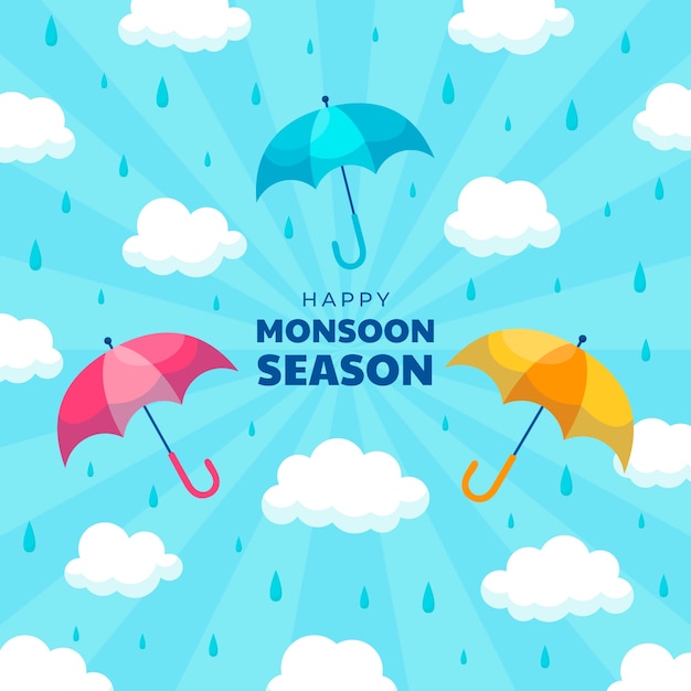 Płaska ilustracja sezonu monsunowego z parasolami