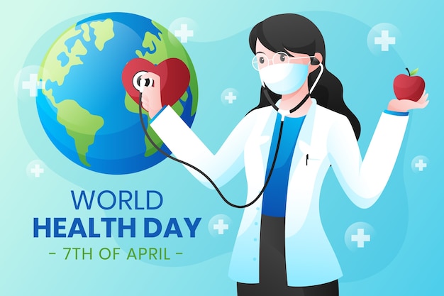 Płaska ilustracja Światowego Dnia Zdrowia z planetą konsultującą lekarza