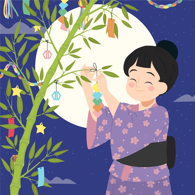 Plik wektorowy płaska ilustracja tanabata z wiszącymi dekoracjami kobiety na bambusie