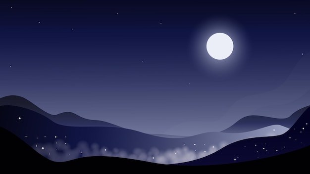 płaska ilustracja wektorowa gór noc góry mgła gwiaździste niebo księżyc na niebie wektor