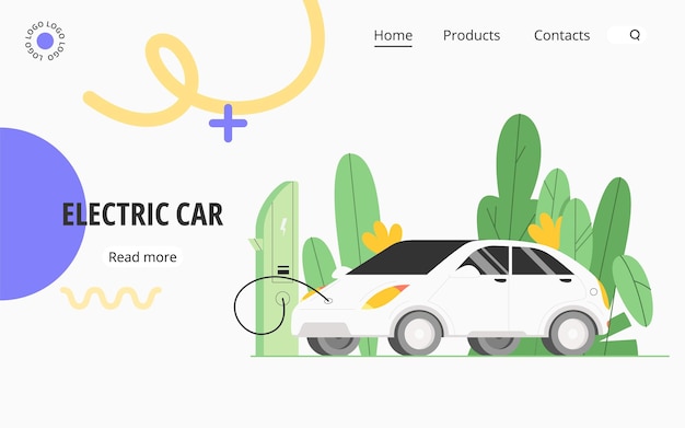 Plik wektorowy płaska ilustracja wektorowa z elektrycznym samochodem to ładowanie baterii elektrycznej stacji ładowania