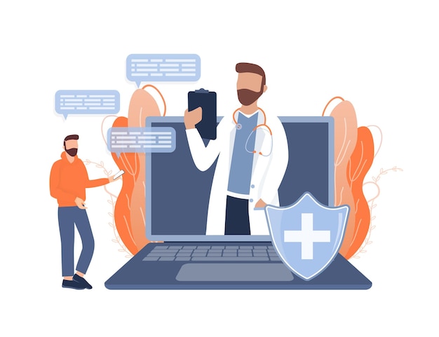 Płaska ilustracja z lekarzem online Konsultacja z lekarzem Ilustracja wektorowa płaska konstrukcja Czat wideo
