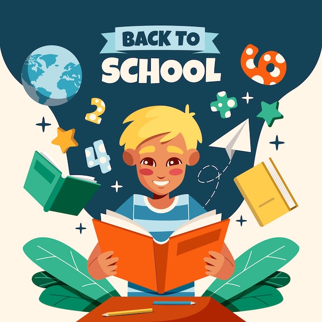 Plik wektorowy płaska ilustracja z powrotem do szkoły z książką do czytania dla uczniów