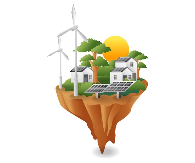 Plik wektorowy płaska izometryczna ilustracja koncepcja zielona ziemia z domem energii słonecznej i wiatrakiem