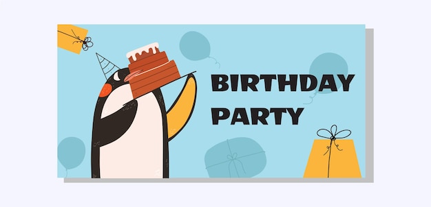 Płaska Karta Urodzinowa Lub Baner Z Pingwinem I Ciastem Ilustracji Wektorowych