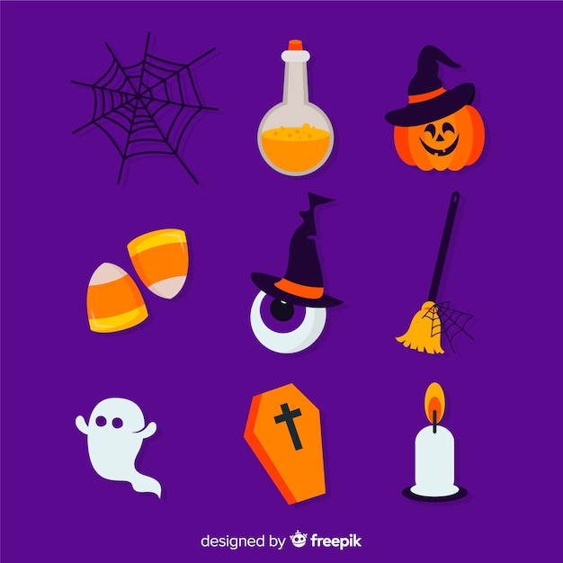 Płaska kolekcja element halloween na fioletowym tle