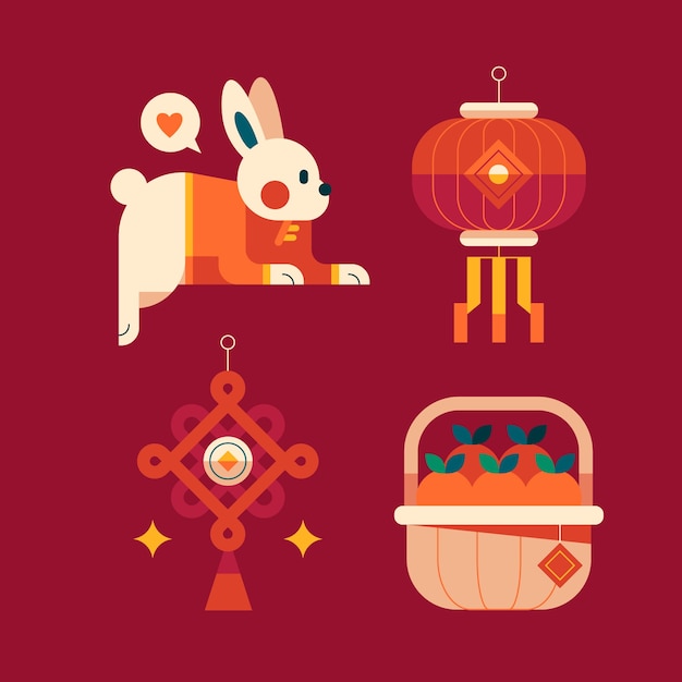 Płaska Kolekcja Elementów Obchodów Festiwalu Chińskiego Nowego Roku