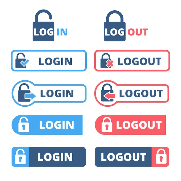 Plik wektorowy płaska kolekcja etykiet logowania i wylogowania