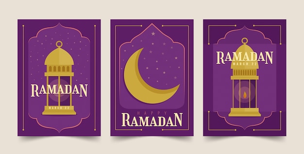 Plik wektorowy płaska kolekcja kart okolicznościowych na islamskie obchody ramadanu