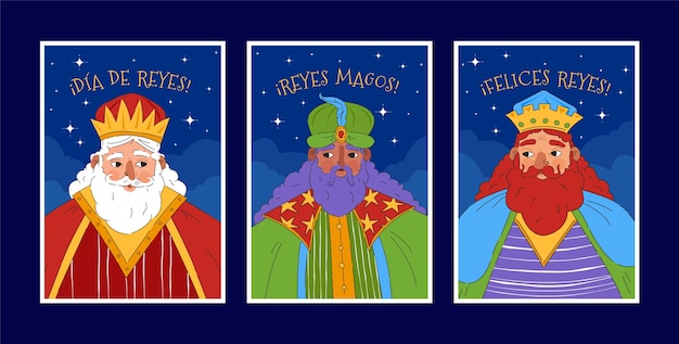 Plik wektorowy płaska kolekcja kartek z życzeniami reyes magos