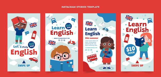 Plik wektorowy płaska kolekcja opowiadań na instagramie do lekcji języka angielskiego