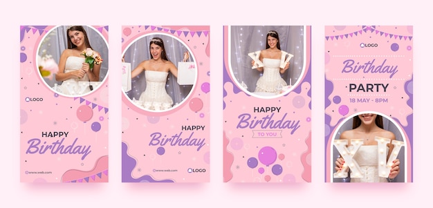 Plik wektorowy płaska kolekcja opowiadań na temat uroczystości urodzinowych na instagramie