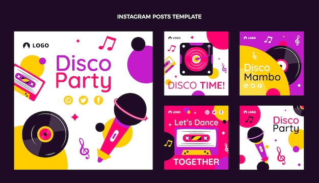 Płaska kolekcja postów na instagramie disco