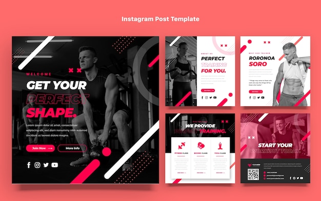Płaska kolekcja postów na instagramie fitness