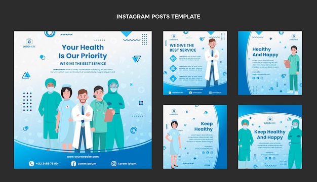 Plik wektorowy płaska kolekcja postów na instagramie medycznym