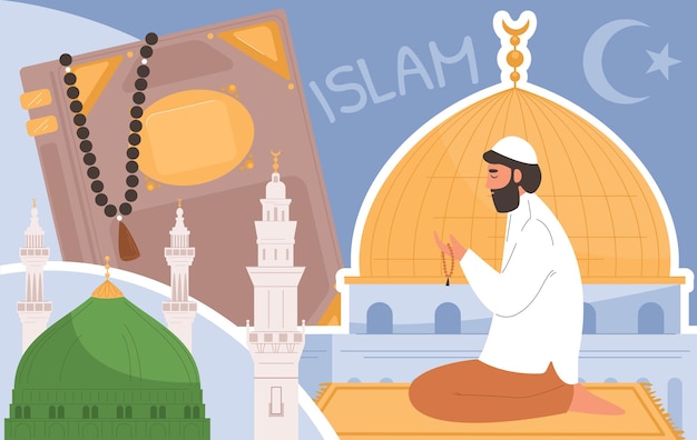 Płaska koncepcja religii islamu z modlącym się mężczyzną i tradycyjnymi meczetami na ilustracji wektorowych tła