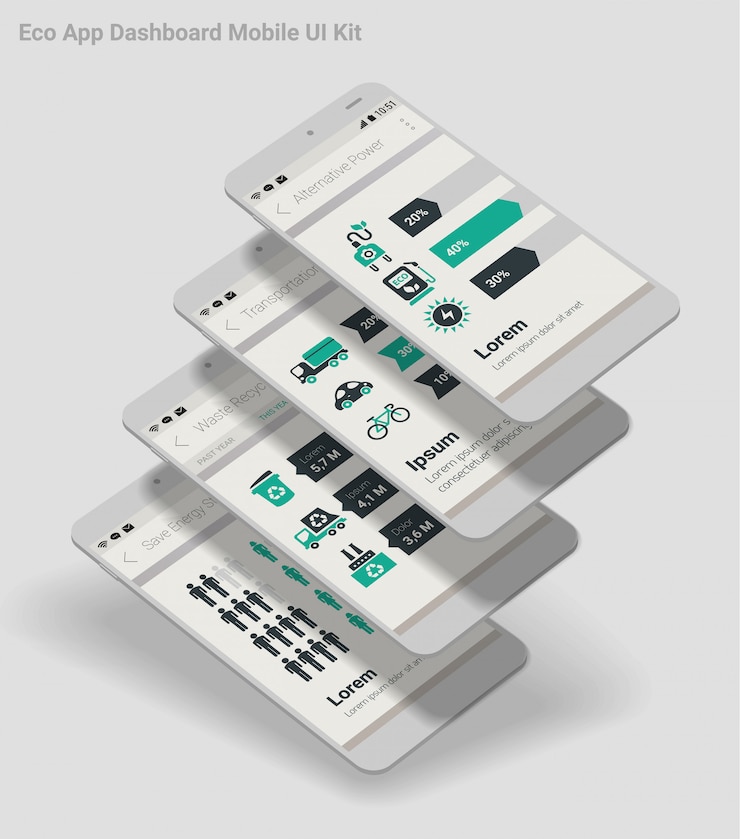 Wektor płaska konstrukcja admin dashboard eco new energy infografiki aplikacja mobilna z interfejsem użytkownika