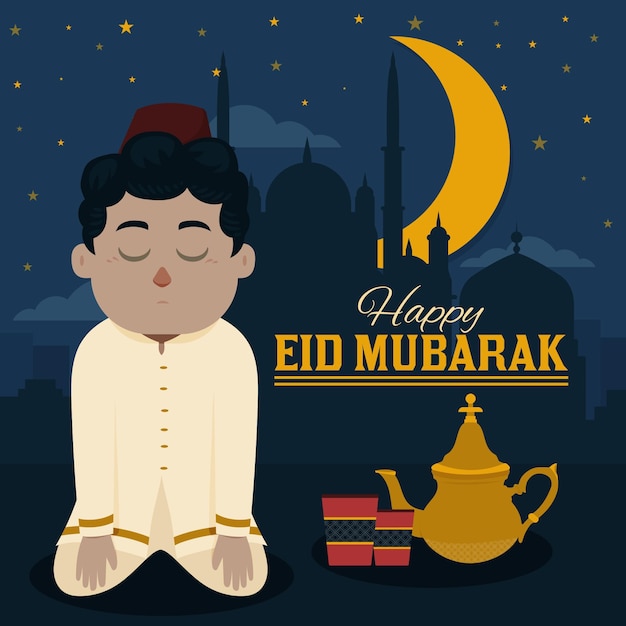 Płaska Konstrukcja Eid Mubarak Z Modlącym Się Mężczyzną